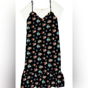Monteau Los Angeles | Navy & Pink Floral Ruffle-Hem Layered Shift Dress - Junior